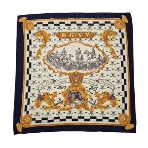 Vintage DKNY Equestrian Hunting Scene Scarf White Gold Navy